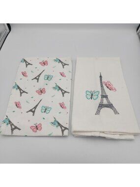 Eiffel Tower Butterfly Set Of 2 Kitchen Cotton Hand Towels White Gray